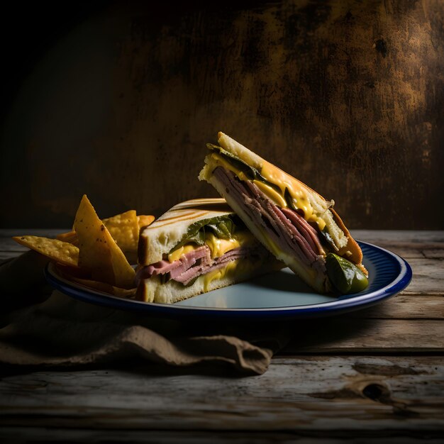 Un sandwich avec un bord bleu et un côté de frites sur une assiette