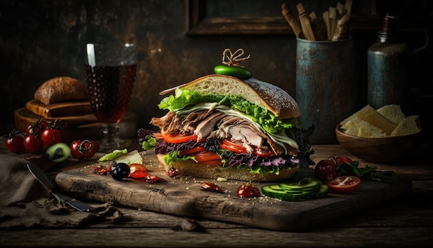 Un sandwich avec une bouteille de bière sur la table