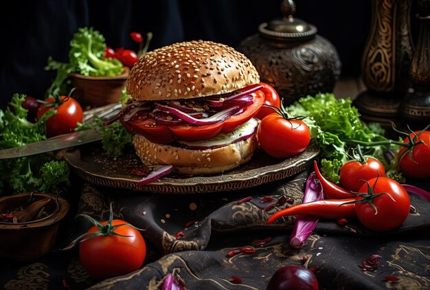 un sandwich en brioche aux légumes dans le style d'inspiration médiévale