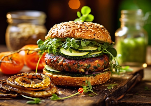 Sandwich burger végétarien aux courgettes avec légumes sur table en boisAI Generative