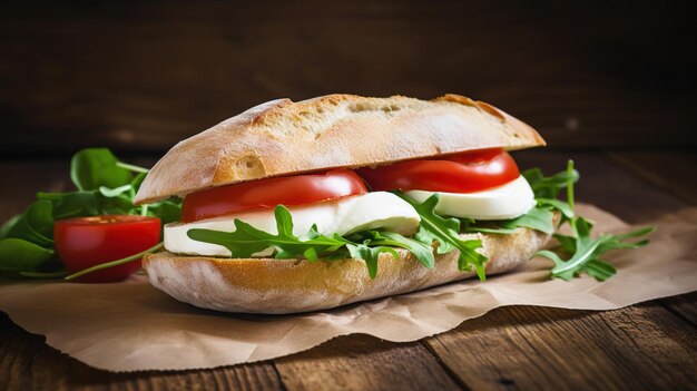 Photo sandwich à la caprese avec de la mozzarella fraîche, de l'arugula et des tomates