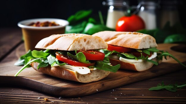 Sandwich à la caprese avec de la mozzarella fraîche, de l'arugula et des tomates