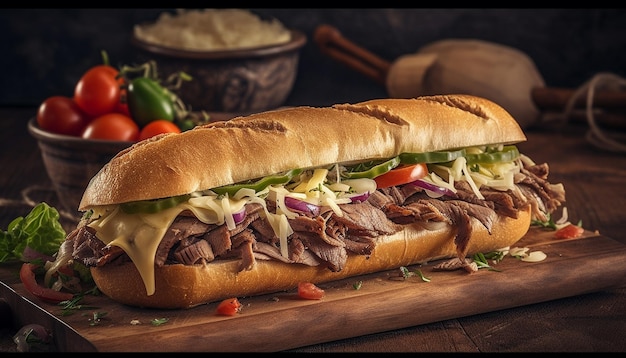 Sandwich ciabatta gourmand avec fromage provolone fondu généré par IA