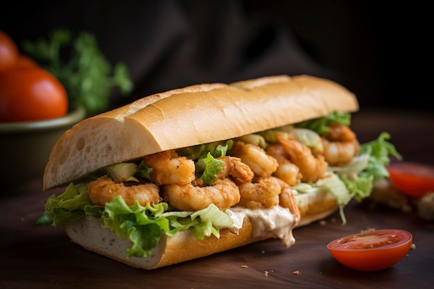 Un sandwich avec des crevettes dessus et une tomate sur le côté.