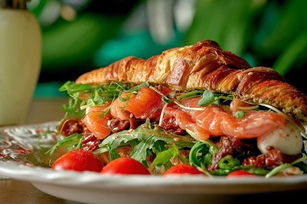 Sandwich croissant aux tomates séchées au saumon, roquette, mozzarella dans une assiette blanche sur fond de bois