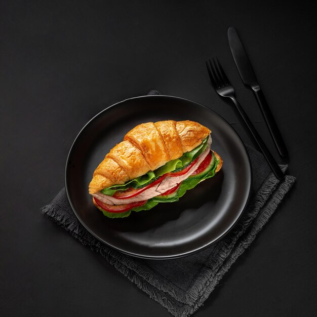 Sandwich croissant frais avec concombre de tomate de poitrine de poulet et feuille de salade sur fond de table sombre vue de dessus