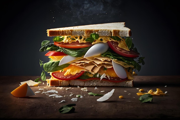 Sandwich croustillant et délicieux composé d'ingrédients pour la photographie culinaire du petit-déjeuner