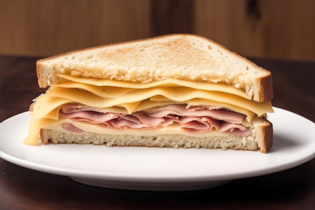 Un sandwich avec de la dinde et du fromage sur une assiette.