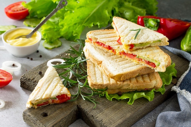 Sandwich double pressé et grillé avec légumes frais et fromage sur fond de pierre grise