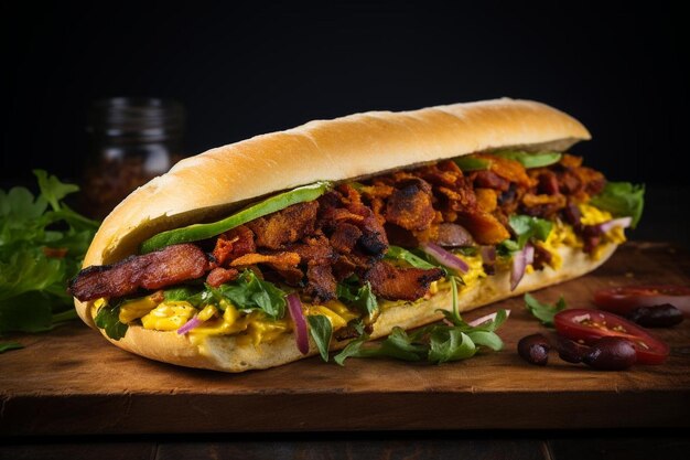 Photo un sandwich avec du bacon et de la laitue sur une planche en bois