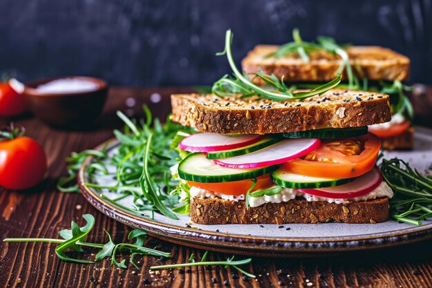 Photo un sandwich avec du concombre et des tomates sur une assiette