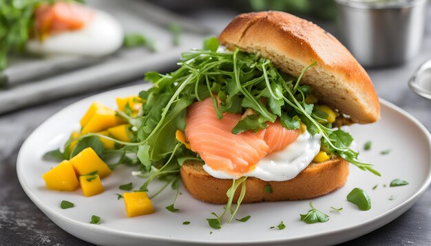 un sandwich avec du fromage à la crème blanche et des légumes verts sur une assiette