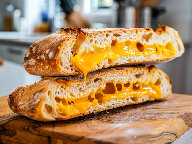 Un sandwich avec du fromage sur une planche à couper en bois