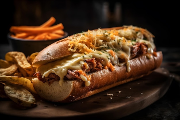 Un sandwich avec du fromage râpé et de la viande râpée se trouve sur une assiette.