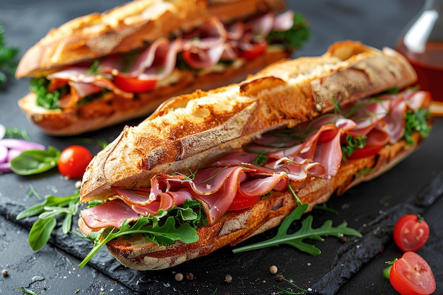 Un sandwich avec du fromage à la viande et des légumes sur une planche d'ardoise avec un verre de jus et un couteau