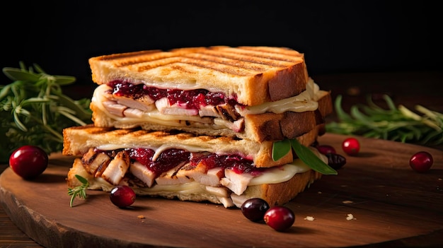 sandwich avec du poulet et de la sauce aux canneberges sur une planche en bois verticale IA générative