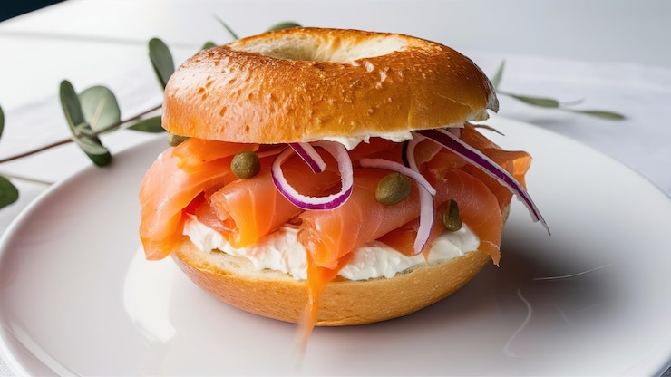 Photo un sandwich avec du saumon et des oignons sur une assiette blanche