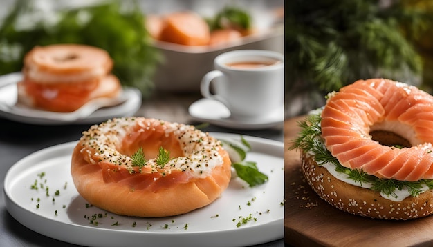 un sandwich avec du saumon sur une table