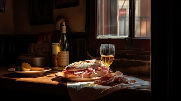 Sandwich exquis sur pain baguette avec jambon serrano espagnol sur une table avec un verre de vin 3d AI génération