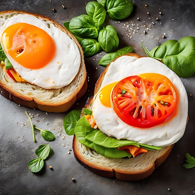 Sandwich frais avec des herbes d'œufs et des tomates juteuses sur une table en bois foncé