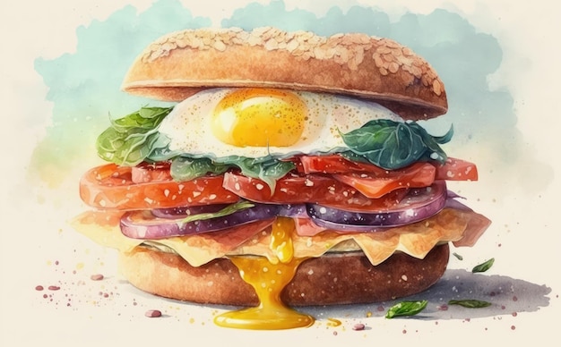 Sandwich frais et sain dessiné pour le petit déjeuner illustrations de nourriture de petit déjeuner aquarelle générées par ai