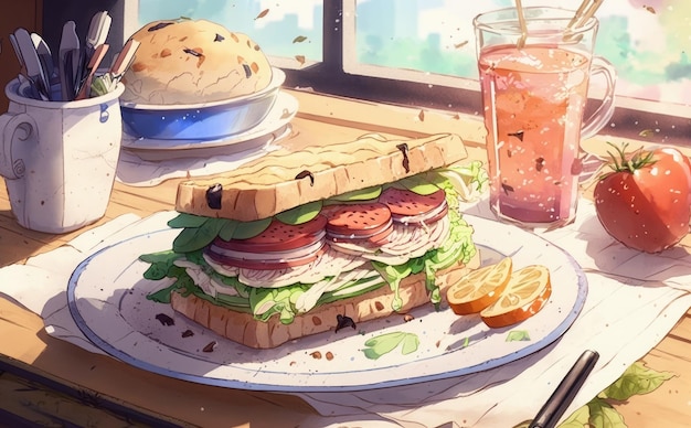 Sandwich frais et sain dessiné pour le petit déjeuner illustrations de nourriture de petit déjeuner aquarelle générées par ai