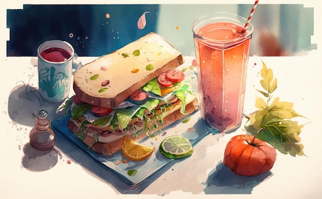 Sandwich frais et sain dessiné pour le petit déjeuner nourriture de petit déjeuner aquarelle générée par ai