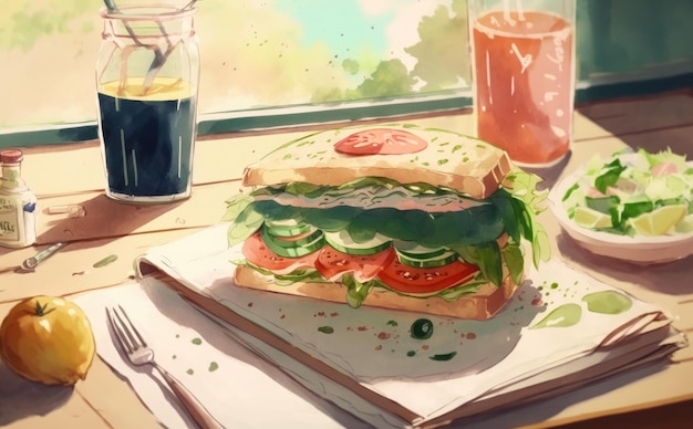 Sandwich frais et sain dessiné pour le petit déjeuner nourriture de petit déjeuner aquarelle générée par ai