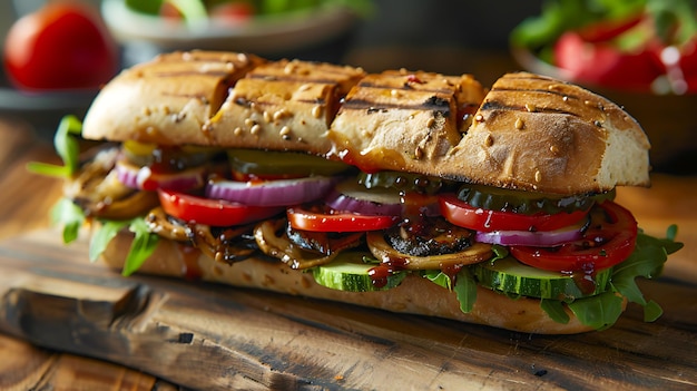 Sandwich frais et savoureux avec des légumes grillés laitue tomate et concombre Le sandwich est servi sur une planche à couper en bois