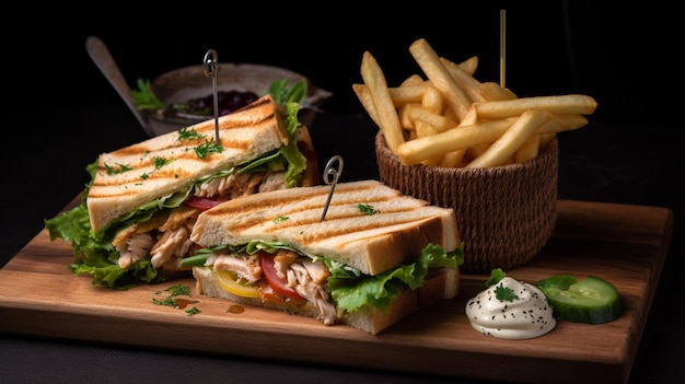 Un sandwich avec des frites et un bol de mayonnaise