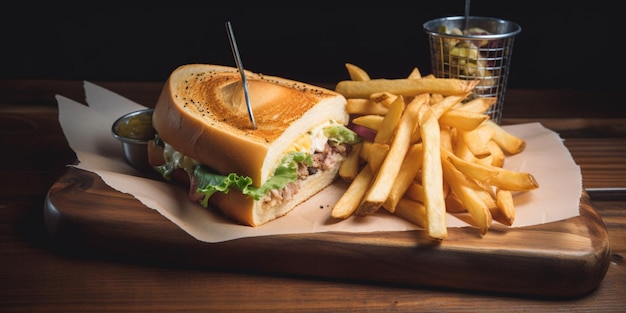 Un sandwich avec des frites et une tasse de cornichon.