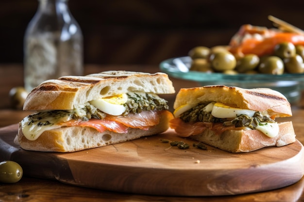 Sandwich gastronomique au fromage à la crème de saumon fumé et câpres créé avec générative ai