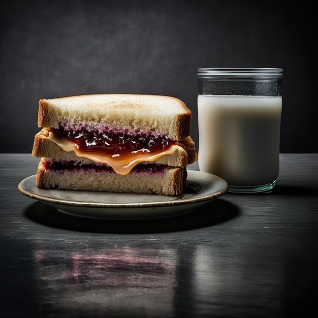 Un sandwich avec de la gelée dessus à côté d'un verre de lait.