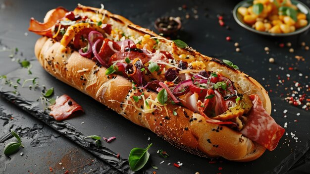 Un sandwich gourmet appétissant chargé de viandes et de légumes présenté sur un fond d'ardoise foncée