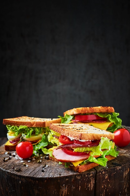 Sandwich avec laitue, jambon, tomates et oignons sur bûche