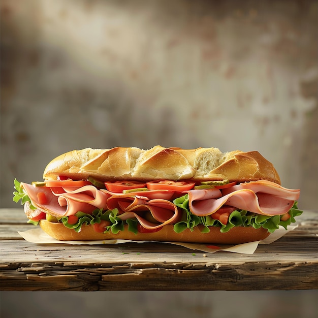 Photo un sandwich avec de la laitue de viande et du fromage sur une table en bois