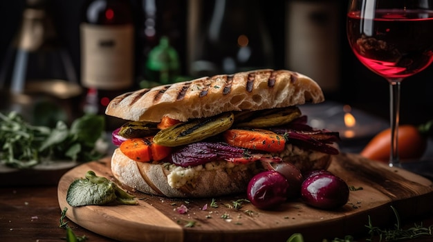 Un sandwich avec des légumes dessus sur une planche à découper en bois