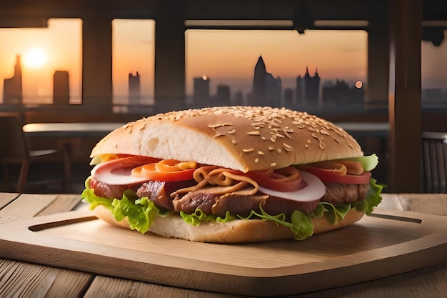 Un sandwich avec une ligne d'horizon en arrière-plan.