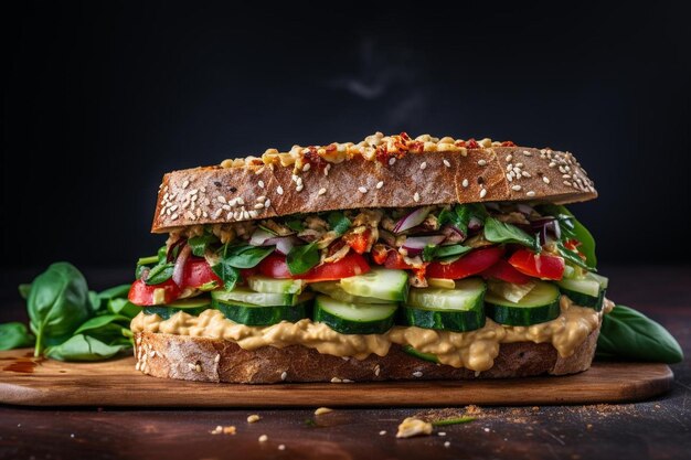 Sandwich méditerranéen avec des légumes et du houmous