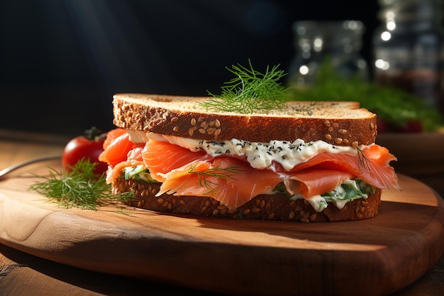 Un sandwich méticuleusement conçu avec des couches de saumon fumé