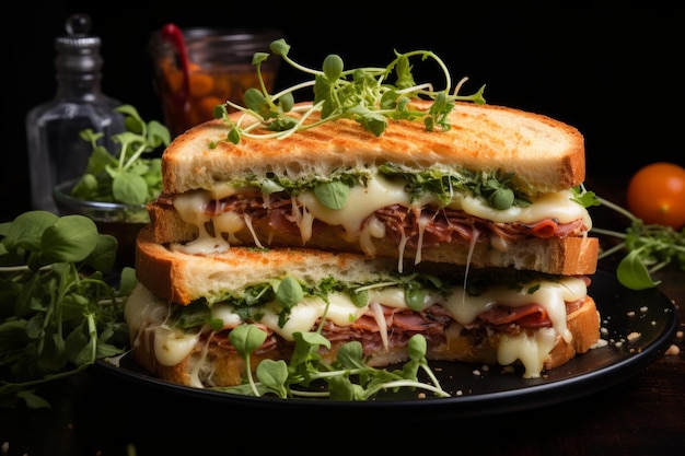 Sandwich à la panini avec du jambon au fromage à la tomate et de la roquette isolée sur un fond blanc sombre