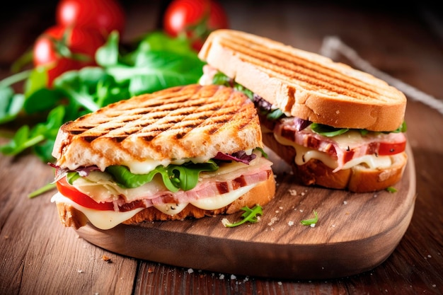 sandwich panini grillé avec jambon fromage tomate et roquette sur table en bois