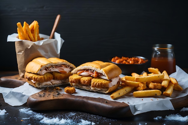 sandwich pâteux et nuggets de poulet sur planche à découper en bois marron frites sur surface de glace foncée