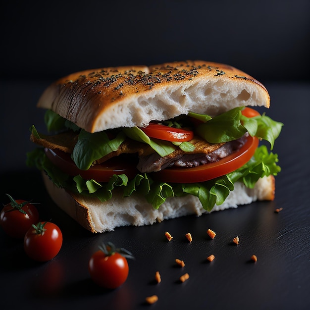 Un sandwich avec un petit pain aux graines de sésame et des tomates sur une table.