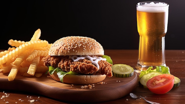 un sandwich de poulet avec un verre de bière à côté