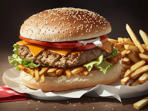 Sandwich réaliste de hamburger au bœuf et de frites en gros plan