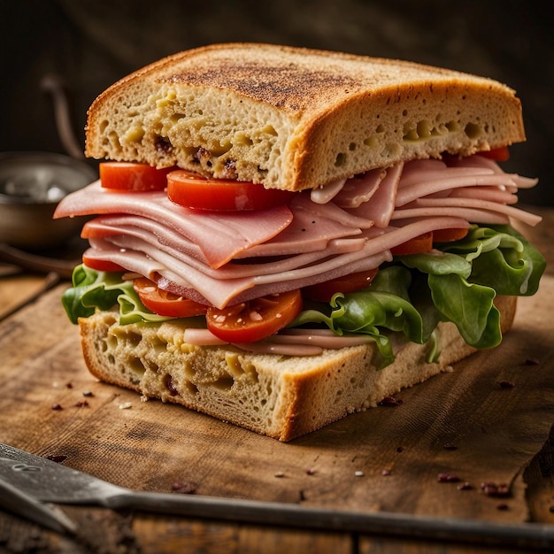 Un sandwich rustique appétissant orné d'ingrédients frais sur une planche de bois