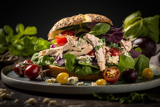 Un Sandwich Avec Une Salade Dessus Et Un Fond Noir