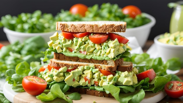 Un sandwich à la salade d'œufs et d'avocat vert vibrant servi sur un lit de laitue fraîche et de tomates