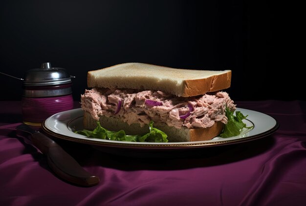 Photo le sandwich à la salade de thon est sur une assiette vide dans le style de magenta clair et brun